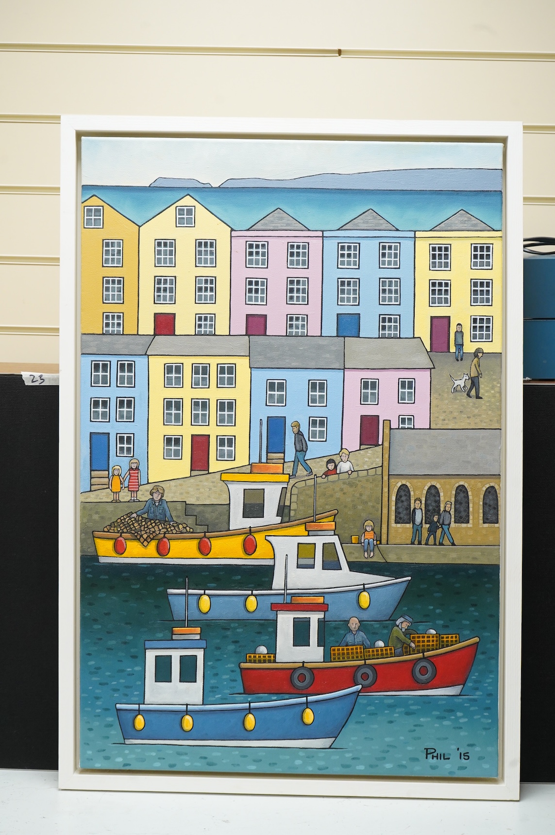 Phil Washington (contemporary), ‘Tenby Harbour’, signed and dated ‘15, details verso, oil on canvas, 75 x 50cm